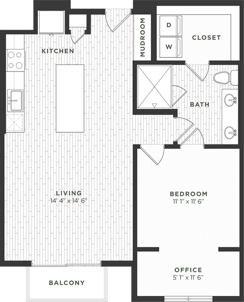 Floor plan for 1 bed, 1 bath, 849 sqft
